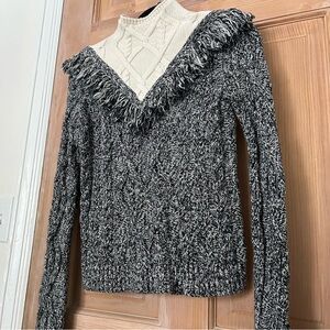 INTERMIX Deja Fringe Apres Ski Cable Knit Mock Neck Pullover Gray Sweater Size P